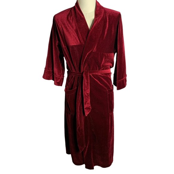 Vintage Christian Dior Velvet Velour Robe One Size Red Striped Pockets Tie Belt - Picture 1 of 6